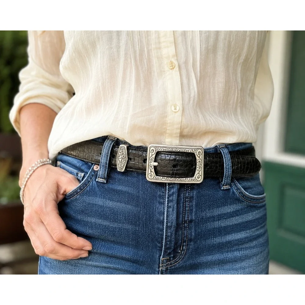 Brighton Black Croc Embossed Leather Belt Silver Scroll Buckle Size Large 30